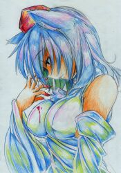  animal_ears bad_id bad_pixiv_id bare_shoulders blood breasts claws colored_pencil_(medium) detached_sleeves female hat highres impossible_clothes inubashiri_momiji kitazinger large_breasts profile shaded_face short_hair solo tokin_hat touhou traditional_media upper_body white_hair wolf_ears 