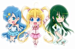  0417nao 3girls bad_id bad_pixiv_id blonde_hair blue_eyes blue_hair chibi dress earrings elbow_gloves gloves green_eyes green_hair hair_ornament houshou_hanon houshou_hanon_(idol) idol jewelry long_hair mermaid_melody_pichi_pichi_pitch microphone multiple_girls nanami_lucia nanami_lucia_(idol) no_nose star_(symbol) star_earrings star_hair_ornament touin_rina touin_rina_(idol) twintails 