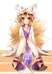  ankle_cuffs bad_id bad_pixiv_id blonde_hair blush censored convenient_censoring daidai_ookami dress female fox_tail hat highres long_sleeves looking_at_viewer multiple_tails shoes short_hair sitting slit_pupils smile solo tabard tail touhou white_dress wide_sleeves yakumo_ran yellow_eyes 