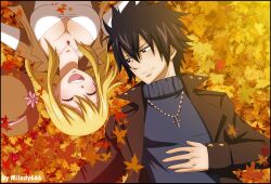  1boy ^_^ artist_name autumn_leaves blush breasts cleavage closed_eyes cross fairy_tail female gray_fullbuster highres jewelry lucy_heartfilia milady666 necklace open_mouth smile 