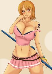  blush bracelet breasts brown_eyes cleavage female highres jewelry large_breasts looking_aside momo_765 nami nami_(one_piece) navel one_piece one_piece:_pirate_warriors orange_hair pink_shirt pink_skirt pirate shirt short_hair skirt solo strap_slip 