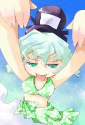  :p ayumi_tooru bikini bikini_top_only commentary_request female green_bikini green_eyes green_hair green_sarong hat highres outstretched_arms print_sarong sarong short_hair soga_no_tojiko solo swimsuit tate_eboshi tongue tongue_out touhou 