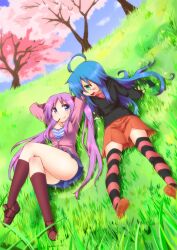  2girls ahoge bad_id bad_pixiv_id blue_eyes blue_hair blush_stickers food friends grass green_eyes hair_ribbon hiiragi_kagami izumi_konata kogaku_kazuya long_hair lucky_star lying mole mole_under_eye mouth_hold multiple_girls outdoors pocky purple_hair ribbon striped_clothes striped_thighhighs thighhighs tree twintails 