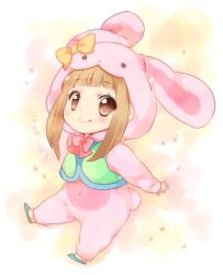  animal_costume blush bow brown_eyes brown_hair chibi commentary_request cosplay ech female ichihara_nina idolmaster idolmaster_cinderella_girls kigurumi long_hair rabbit_costume smile solo translated 