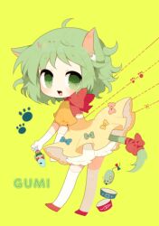  ahoge animal_ears bad_id bad_pixiv_id bloomers bow cat_ears cat_tail character_name female fish gloves green_eyes green_hair gumi haru_(kyou) kemonomimi_mode looking_at_viewer mouse_(animal) neck_ribbon oerba_yun_fang open_mouth orange_skirt paw_print pet_food puffy_sleeves ribbon short_hair simple_background skirt smile solo tail tail_ornament tail_ribbon thighhighs underwear vocaloid white_gloves white_thighhighs yellow_background zettai_ryouiki 