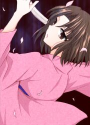  brown_eyes brown_hair commentary_request female japanese_clothes kara_no_kyoukai katana kimono petals pink_kimono ryougi_shiki short_hair solo suta102 sword weapon 