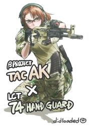  aiming aimpoint airsoft ak-102 assault_rifle brown_hair camouflage didloaded ear_protection english_text female gloves gun kalashnikov_rifle magazine_(weapon) military_operator original reloading rifle safety_glasses short_hair sleeves_rolled_up solo trigger_discipline weapon woodland_camouflage 