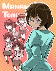  brown_hair character_name chibi commentary_request female glasses grey_eyes kubocha ore_no_imouto_ga_konna_ni_kawaii_wake_ga_nai photoshop_(medium) school_uniform short_hair squiggle tamura_manami 