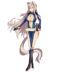  animal_ears belt bodysuit book boots breasts brown_hair cat_ears cat_tail cleavage elbow_gloves female fur glasses gloves highres long_hair presa_(tales) preza purple_eyes tail tales_of_(series) tales_of_xillia 