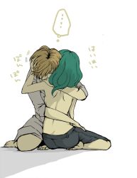  2girls back bad_id bad_pixiv_id bishoujo_senshi_sailor_moon blonde_hair closed_eyes green_hair hair_over_one_eye hug kaiou_michiru multiple_girls short_hair sitting ten&#039;ou_haruka topless uzaki_(jiro) very_short_hair wariza yuri 