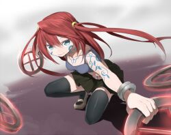  arian_rod black_thighhighs blue_eyes bracelet cross erubo female jewelry long_hair original red_hair smile solo thighhighs twintails weapon wheel 