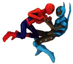  2boys armor blue_beetle bodysuit crossover dc_comics hand_holding helmet jamie_reyes male male_focus marvel mask multiple_boys pixiv_manga_sample power_armor simple_background smile spider-man spider-man_(series) superhero 