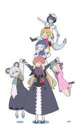  6+girls anchor animal_ears asymmetrical_wings black_hair blonde_hair blue_hair capelet closed_eyes commentary_request gradient_hair green_eyes green_hair grey_hair grimace gyokuro_omega hair_ornament hat highres hijiri_byakuren hood houjuu_nue hug human_tower jewelry kasodani_kyouko kumoi_ichirin lifting_another&#039;s_clothes lifting_person long_hair long_sleeves mouse_ears multicolored_hair multiple_girls murasa_minamitsu nazrin open_mouth pendant pointing red_eyes red_hair short_hair short_sleeves stacking sweatdrop teeth toramaru_shou touhou undefined_fantastic_object upper_teeth_only white_background wings 