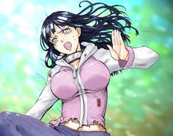  alice_kei_(lemon-jiru) angry bad_id bad_pixiv_id black_hair blood breasts byakugan commentary_request faux_traditional_media female hyuuga_hinata injury konohagakure_symbol large_breasts long_hair naruto_(series) naruto_shippuuden open_mouth pants photoshop_(medium) purple_eyes shirt solo torn_clothes torn_shirt veins 