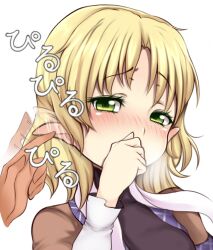  1boy bad_id bad_pixiv_id blonde_hair blush covering_own_mouth ear_wiggle eargasm female ginji74 green_eyes looking_at_viewer mizuhashi_parsee pointy_ears portrait pov scarf shirt short_hair solo_focus straight touhou uncommon_stimulation 