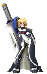  adele_balfetto black_legwear blonde_hair blue_eyes bodysuit boots chouzetsu_yarou female female fingerless_gloves glasses gloves highres kyoukai_senjou_no_horizon kyoukaisenjou_no_horizon lance polearm smile solo weapon 