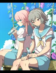  2boys bad_id bad_pixiv_id bamboo_bench blue_flower bottle brown_hair cloud crossdressing day flower inazuma_eleven_(series) inazuma_eleven_go kirino_ranmaru kudou_akira letterboxed male_focus morning_glory multiple_boys pink_flower pink_hair ramune school_uniform serafuku shindou_takuto shochuumimai sitting skirt twintails 