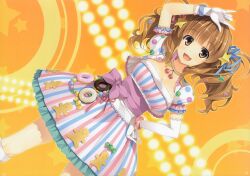  :3 :d \m/ arm_up bow breasts brown_eyes brown_hair doughnut dress elbow_gloves female food frills gloves hair_ornament hair_ribbon hand_on_own_hip highres idolmaster idolmaster_cinderella_girls jewelry large_breasts looking_at_viewer moroboshi_kirari multicolored_clothes multicolored_dress necklace open_mouth photoshop_(medium) polka_dot ribbon scan single_elbow_glove single_glove smile solo star_(symbol) star_hair_ornament striped_clothes striped_dress twintails vertical_stripes white_gloves yuuki_hagure 