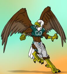  4_toes accipitrid accipitriform aggrobadger american_football anisodactyl anthro avian avian_feet avoid_posting bald_eagle beak bird black_sclera bottomwear claws clothing competition_number digital_media_(artwork) eagle eye_black feathered_wings feathers feet football_player hi_res jersey male nfl number number_on_clothing number_on_jersey number_on_topwear number_print pants pheagle philadelphia_eagles print_clothing print_jersey print_topwear scales sea_eagle shirt solo sport swoop_(philadelphia_eagles) talons toes topwear torn_clothing transformation wings wristband yellow_eyes 