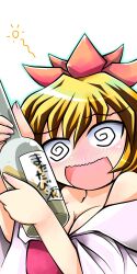  @_@ ayumi_tooru blonde_hair bottle breasts cleavage commentary_request drunk female hair_ornament long_sleeves medium_breasts open_mouth short_hair solo squeans toramaru_shou touhou 