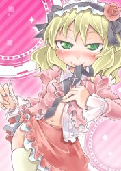  bad_id bad_pixiv_id blonde_hair blush female flower green_eyes hairband highres idolmaster idolmaster_cinderella_girls lolita_hairband looking_at_viewer mouth_hold navel nyagakiya open_clothes open_shirt panties photoshop_(medium) sakurai_momoka shirt short_hair side-tie_panties skirt smile solo sweat thighhighs underwear undressing untying 