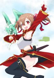  :d arm_up armor armpits black_thighhighs blush brown_hair commentary_request female fingerless_gloves gloves hair_bobbles hair_ornament highres looking_at_viewer open_mouth panties pina_(sao) red_eyes red_gloves short_hair short_twintails silica smile solo sword_art_online thighhighs twintails underwear white_panties yokoshima_(euphoria) 