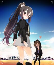  2girls 3: =_= alternate_hairstyle artist_name black_eyes black_hair blush brown_eyes brown_hair closed_eyes cloud commentary_request full_body grey_skirt hair_between_eyes heart highres hirasawa_yui hood hoodie jacket k-on! long_hair looking_at_viewer minimaru miniskirt multiple_girls nakano_azusa open_mouth outdoors pantyhose ponytail short_hair skirt sky smile standing 