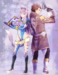  1boy alvin_(tales) alvin_(tales_of_xillia) animal_ears belt bodysuit book boots breasts brown_eyes brown_hair cat_ears cat_tail coat elbow_gloves female fur glasses gloves gun long_hair navel open_mouth pants presa_(tales) preza purple_eyes purple_hair short_hair tail tales_of_(series) tales_of_xillia weapon 