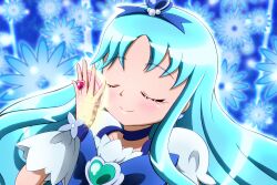  absurdres blue_background blue_choker blue_hair blue_theme brooch choker closed_eyes commentary_request cure_marine female floral_background flower heart heart_brooch heartcatch_precure! highres jewelry kiyu_(doremi&#039;s_party) kurumi_erika photoshop_(medium) precure ring smile smile_precure solo 