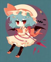  argyle_clothes argyle_legwear ascot bat_(animal) bat_wings black_thighhighs black_wings blouse blue_background blue_hair bow female haru_(kyou) hat hat_bow large_bow looking_at_viewer polearm puffy_sleeves red_eyes remilia_scarlet shirt short_hair skirt skirt_set solo spear spear_the_gungnir striped striped_background thighhighs touhou weapon wings zettai_ryouiki 