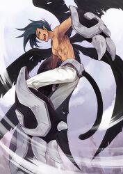  1boy armpits bad_id bad_pixiv_id black_hair blue_eyes commentary_request fangs from_below houshin_engi male_focus open_mouth pectorals pointy_ears raishinshi solo tail topless_male utsugi_(skydream) wings 