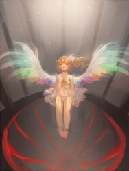  alternate_wings barefoot blonde_hair commentary_request feathered_wings female flandre_scarlet full_body hair_ribbon long_hair looking_up navel nightgown no_headwear panties rainbow red_eyes ribbon sheryth side_ponytail sitting solo touhou underwear underwear_only white_panties wings 