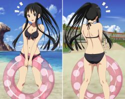  4girls akiyama_mio artist_request ass beach bikini black_bikini black_eyes black_hair breasts breasts_squeezed_together cleavage day from_behind front-tie_top highres hirasawa_yui innertube k-on! kotobuki_tsumugi long_hair medium_breasts multiple_girls navel ocean outdoors photoshop_(medium) ponytail swim_ring swimsuit tainaka_ritsu water 