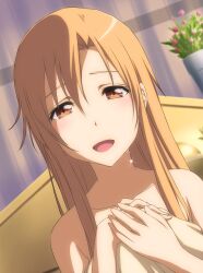  :d after_sex afterglow asuna_(sao) blush brown_eyes brown_hair collarbone commentary_request curtains female long_hair looking_at_viewer nori_tamago open_mouth photoshop_(medium) plant potted_plant smile solo sword_art_online tears 