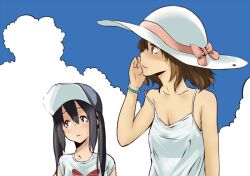  2girls black_hair brown_hair casual cloud commentary_request day gensokigou hat hirasawa_yui k-on! long_hair multiple_girls nakano_azusa short_hair sun_hat 