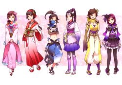  6+girls bad_id bad_pixiv_id black_hair blue_eyes breasts brown_eyes brown_hair capelet cleavage hair_ornament hairband headband hosokawa_gracia_(sengoku_musou) inahime_(sengoku_musou) japanese_clothes kimono kunoichi_(sengoku_musou) long_hair medium_breasts mojya multiple_girls navel nene_(sengoku_musou) ninja oichi_(sengoku_musou) okuni_(sengoku_musou) one_eye_closed pantyhose ponytail purple_hair sandals sengoku_musou sengoku_musou_2 sengoku_musou_3 short_hair skirt 