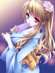  blonde_hair blue_eyes blue_kimono commentary_request female flower hair_flower hair_ornament hairpin hand_fan heterochromia highres japanese_clothes kimono monety original paper_fan photoshop_(medium) ponytail purple_eyes solo uchiwa yukata 