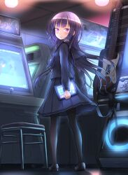  :o arcade arcade_cabinet bemani black_hair black_pantyhose blush brown_eyes chair commentary_request female guitar guitarfreaks holding instrument ipad kuinji_51go long_hair looking_at_viewer looking_back original pantyhose purple_eyes school_uniform serafuku skirt solo tablet_pc 