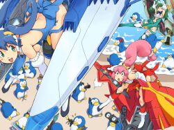  3girls ahoge aoba_anoa ass bad_id bad_pixiv_id bare_shoulders beach bird black_necktie blue_bow blue_bowtie blue_eyes blue_hair blue_legwear blunt_bangs boots bow bowtie breasts center_opening clothing_cutout commentary_request day detached_collar elk115 erul_tron frilled_legwear frilled_sleeves frills green_eyes green_hair green_legwear long_hair low-tied_long_hair multiple_girls navel navel_cutout necktie ocean open_mouth orange_eyes otomedius outdoors pelvic_curtain penguin pink_hair ponytail red_legwear revealing_clothes sand see-through see-through_skirt skirt smile thigh_boots thighhighs tita_nium twintails 