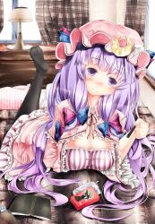  book breasts cleavage commentary_request crescent crescent_hat_ornament curtains downblouse feet female food hair_ribbon hat hat_ornament lamp large_breasts looking_at_viewer on_bed pantyhose patchouli_knowledge pillow pocky purple_eyes purple_hair ribbon smile soles solo sugiyuu touhou 