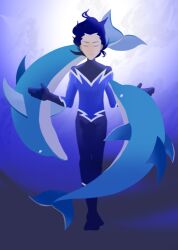  1boy aqua_lad aquaman_(series) black_hair cartoon_network closed_eyes dc_comics dolphin full_body garth gloves lowres male male_focus pixiv_thumbnail solo superhero teen_titans underwater water 