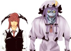  2boys bad_id bad_pixiv_id bat_wings capelet cosplay crescent crossdressing death_note dress hair_ribbon hat head_wings kirieppa koakuma koakuma_(cosplay) long_hair looking_at_viewer multiple_boys necktie patchouli_knowledge patchouli_knowledge_(cosplay) purple_dress purple_hair red_eyes red_hair red_necktie ribbon ryuk shirt touhou vest wings yagami_light yellow_eyes 