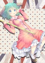  animal_ears bamboo_broom blue_eyes blush breasts broom commentary_request dress female green_hair holding kasodani_kyouko maryquant medium_breasts shoes short_hair single_shoe socks solo tongue tongue_out touhou 