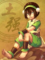  ankle_cuffs ankle_wrap avatar:_the_last_airbender avatar_legends barefoot black_hair chinese_clothes commentary cuffs dirty dirty_feet english_commentary feet female hair_bun kiraneko rock single_hair_bun sitting smile soles solo toph_bei_fong white_eyes wrist_wrap 