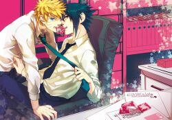  2boys blonde_hair blue_eyes blue_hair brown_eyes condom condom_in_mouth condom_packet_strip condom_wrapper hinell hinell06 male male_focus mouth_hold multiple_boys naruto necktie necktie_grab shirt tie tie_grab uchiha_sasuke uzumaki_naruto white_shirt yaoi 