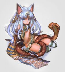  animal_ears bad_id bad_pixiv_id bikini blue_eyes blue_hair cat_ears cobra_(animal) elbow_gloves female flat_chest gloves grey_background hair_ornament knife looking_at_viewer monster_girl navel observerz original simple_background snake snake_hair solo striped_clothes striped_thighhighs swimsuit thighhighs 