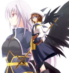  2girls armor azumaya_hironaru black_wings blue_eyes book boots breasts brown_hair commentary_request faulds fingerless_gloves gloves grey_hair hair_ornament long_hair lyrical_nanoha magical_girl mahou_shoujo_lyrical_nanoha mahou_shoujo_lyrical_nanoha_a&#039;s mahou_shoujo_lyrical_nanoha_the_movie_2nd_a&#039;s medium_breasts multiple_girls projected_inset red_eyes reinforce schwertkreuz short_hair single_hair_intake staff tome_of_the_night_sky wings yagami_hayate 