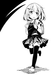  :3 backpack bag black_legwear blush female hiroki_(plt) hiroki_plt idolmaster idolmaster_cinderella_girls lolicon mole monochrome navel open_mouth randoseru short_hair skirt solo takagaki_kaede thighhighs young younger 