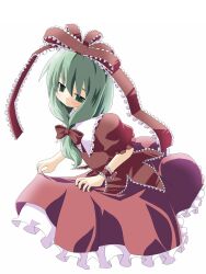  arm_ribbon bad_id bad_pixiv_id bow bowing female front_ponytail green_eyes green_hair hair_ornament hair_ribbon hairbow highres hujikok kagiyama_hina light_smile long_hair ribbon short_sleeves simple_background skirt_hold solo touhou white_background 