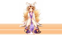  blonde_hair blush daidai_ookami dress foxgirl hat multiple_tails orange_eyes photoshop short_hair tail touhou yakumo_ran 